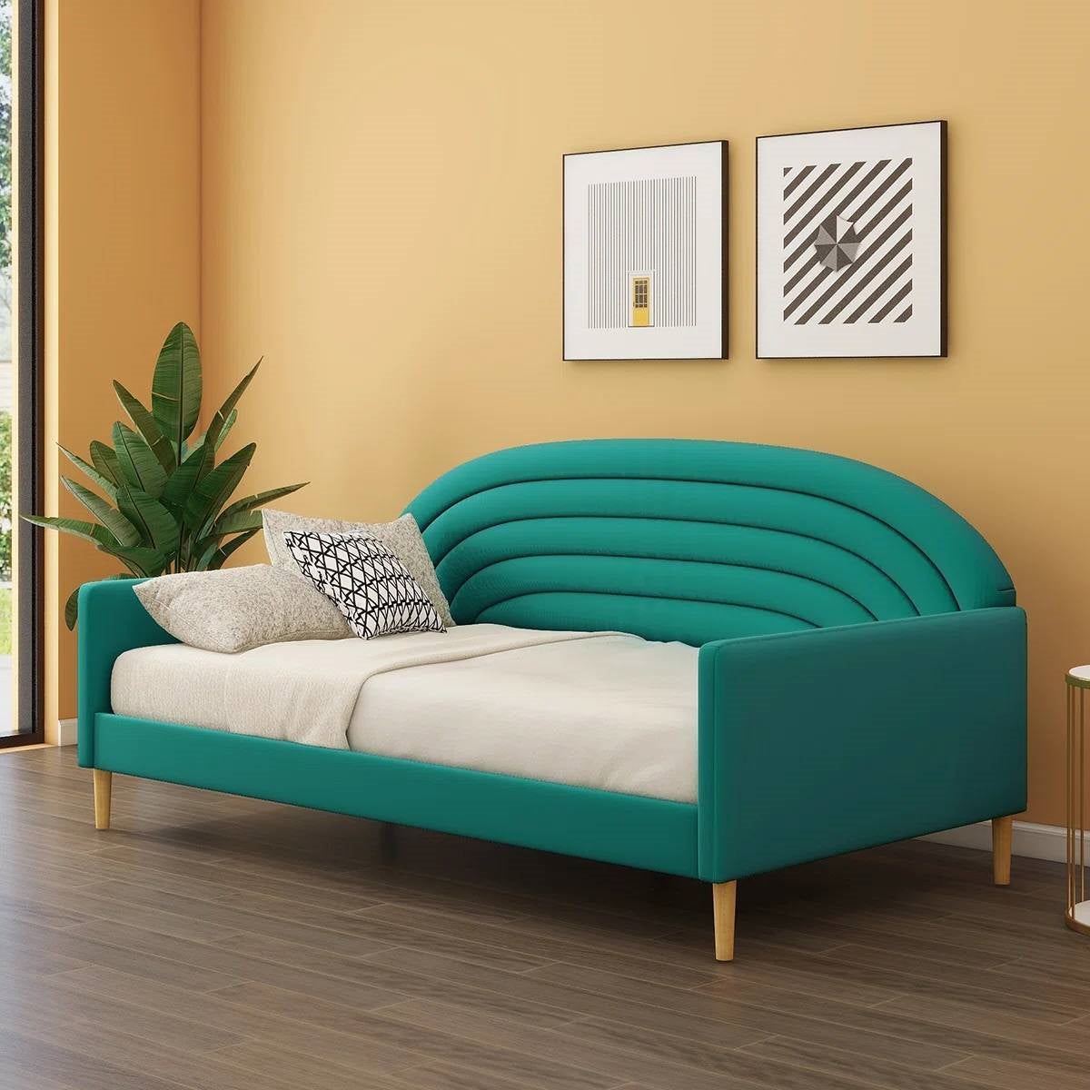 Twin size Mid-Century Modern Emerald Green Velvet Upholstered Daybed-1