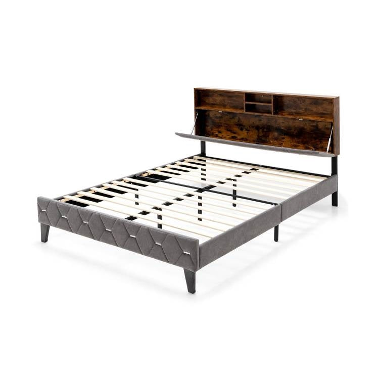 Full Size Velvet Upholstered Open/Close Storage Headboard Platform Bed-1