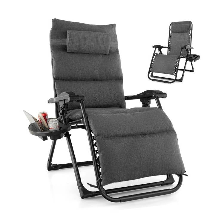 Grey Zero Gravity Adjustable Lounge Chair Removable Cushion Cup Holder Tray-0