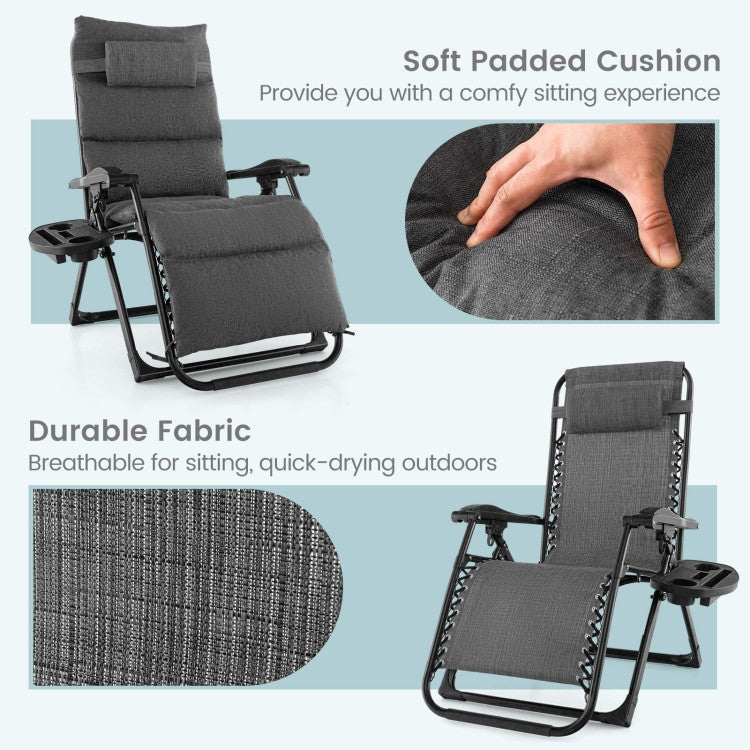 Grey Zero Gravity Adjustable Lounge Chair Removable Cushion Cup Holder Tray-2