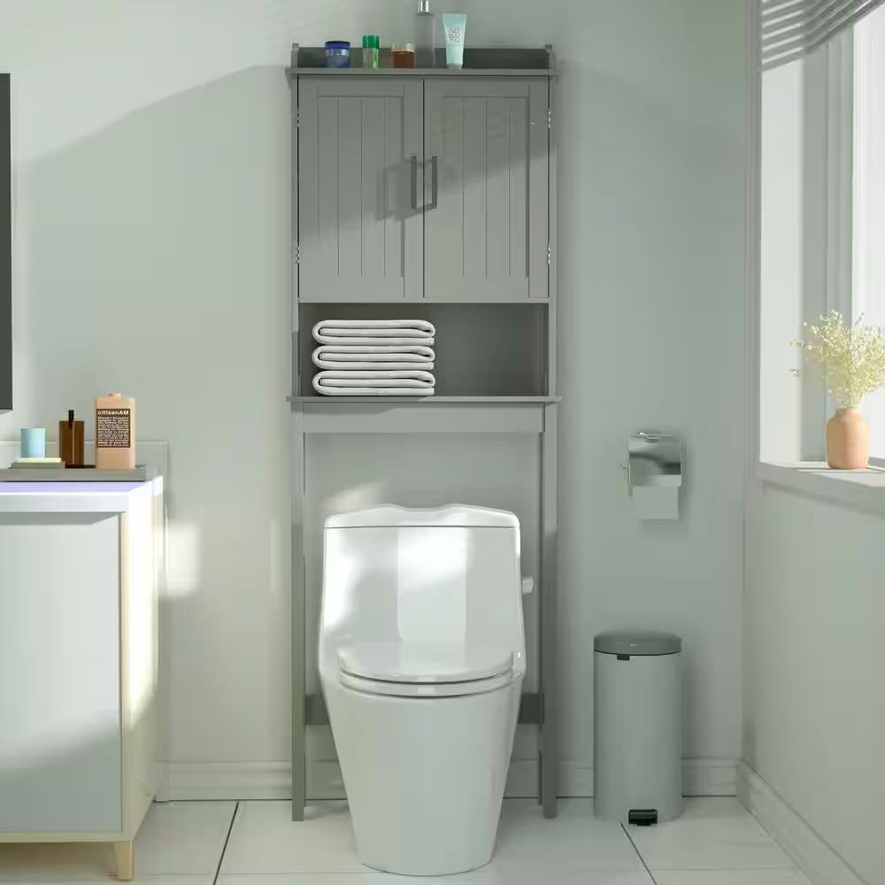 Over the Toilet Bathroom Storage Cabinet Shelving Unit in Grey Wood Finish-1