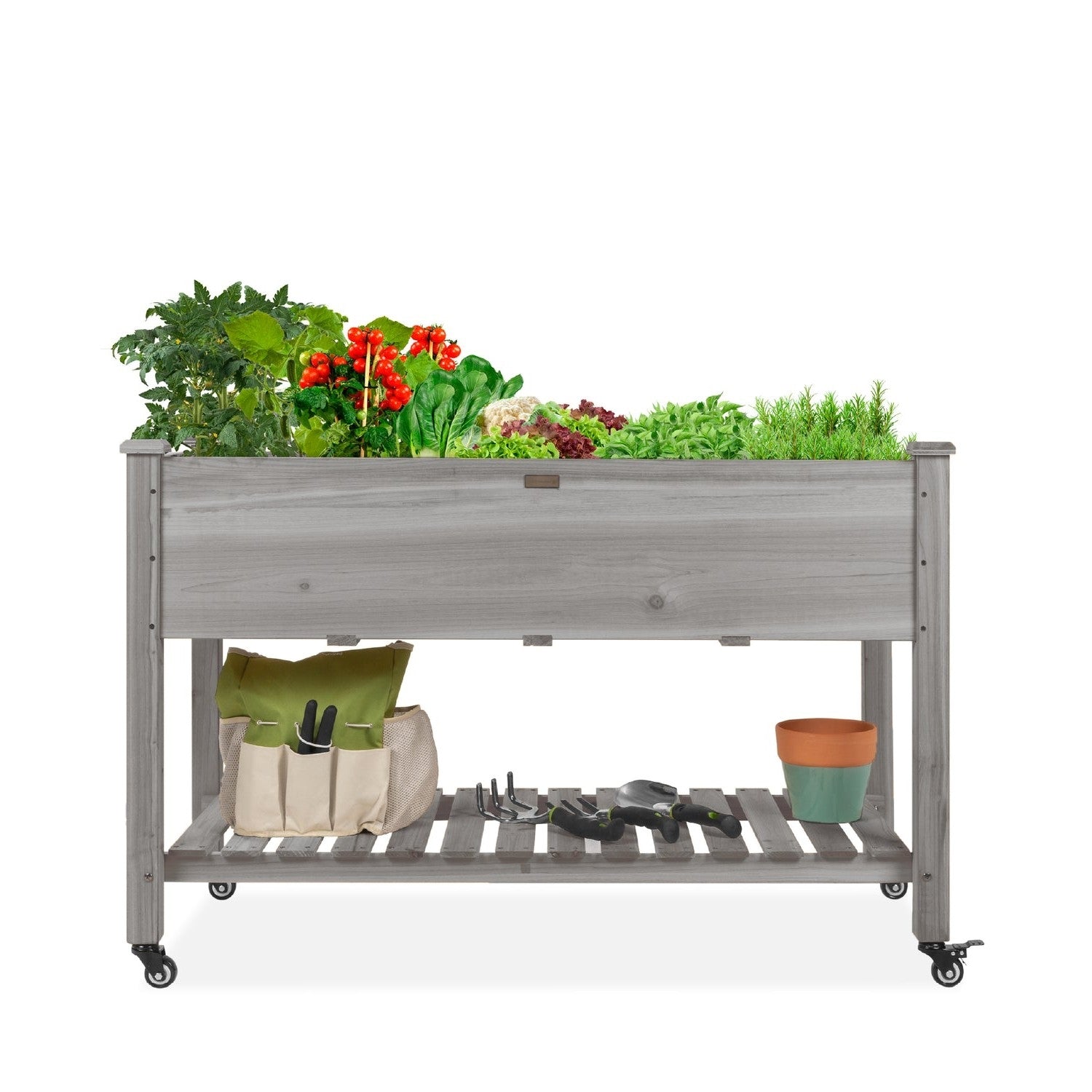 Outdoor Grey Wood Raised Garden Bed Planter Box with Shelf and Locking Wheels-1