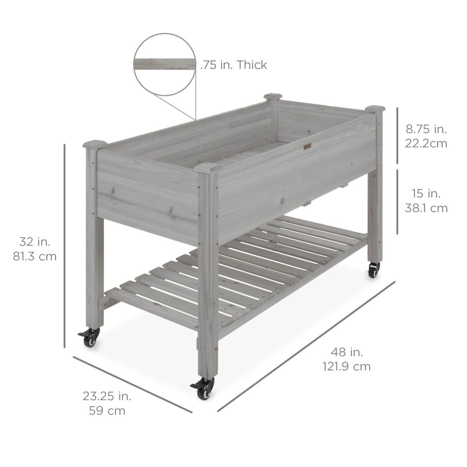 Outdoor Grey Wood Raised Garden Bed Planter Box with Shelf and Locking Wheels-2