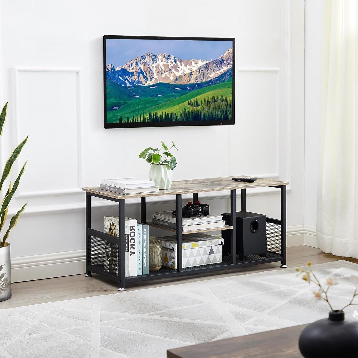 Industrial Modern Black Metal Grey Wood TV Stand with Media Storage Shelf-1