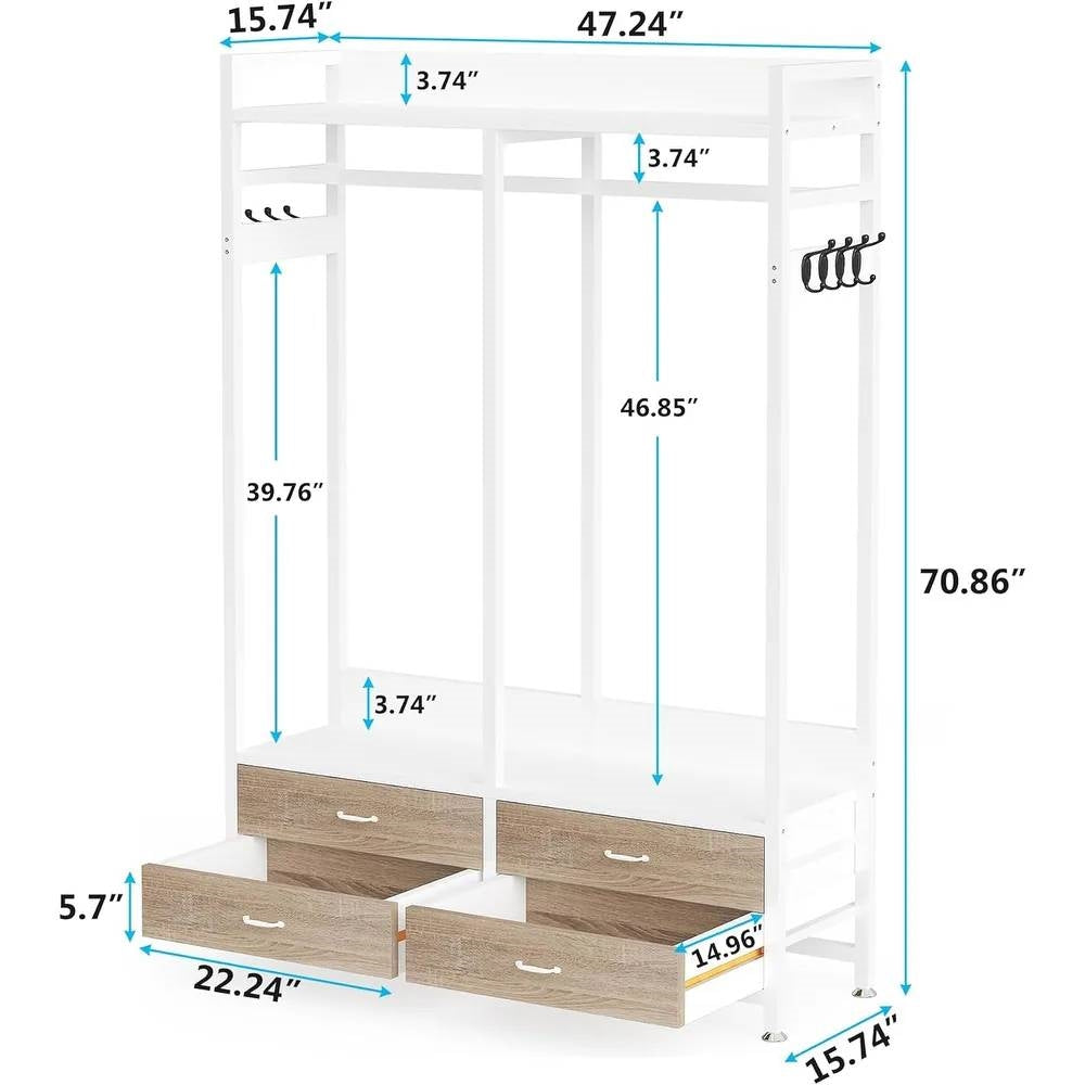 Freestanding White Oak Garment Rack Clothes Hanging Rod with 4 Storage Drawers-4