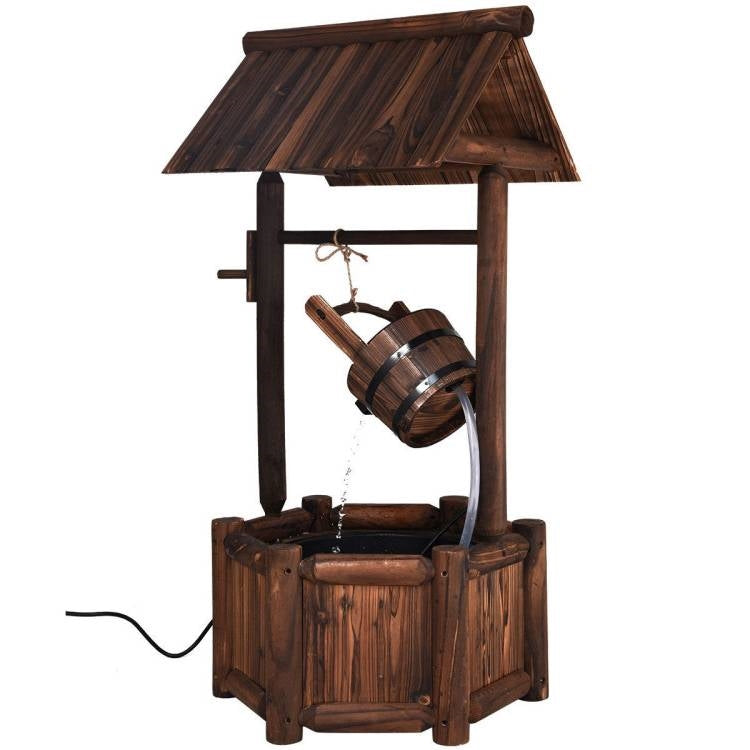 Outdoor Patio Garden Solid Wood Wishing Well Water Fountain with Pump-1