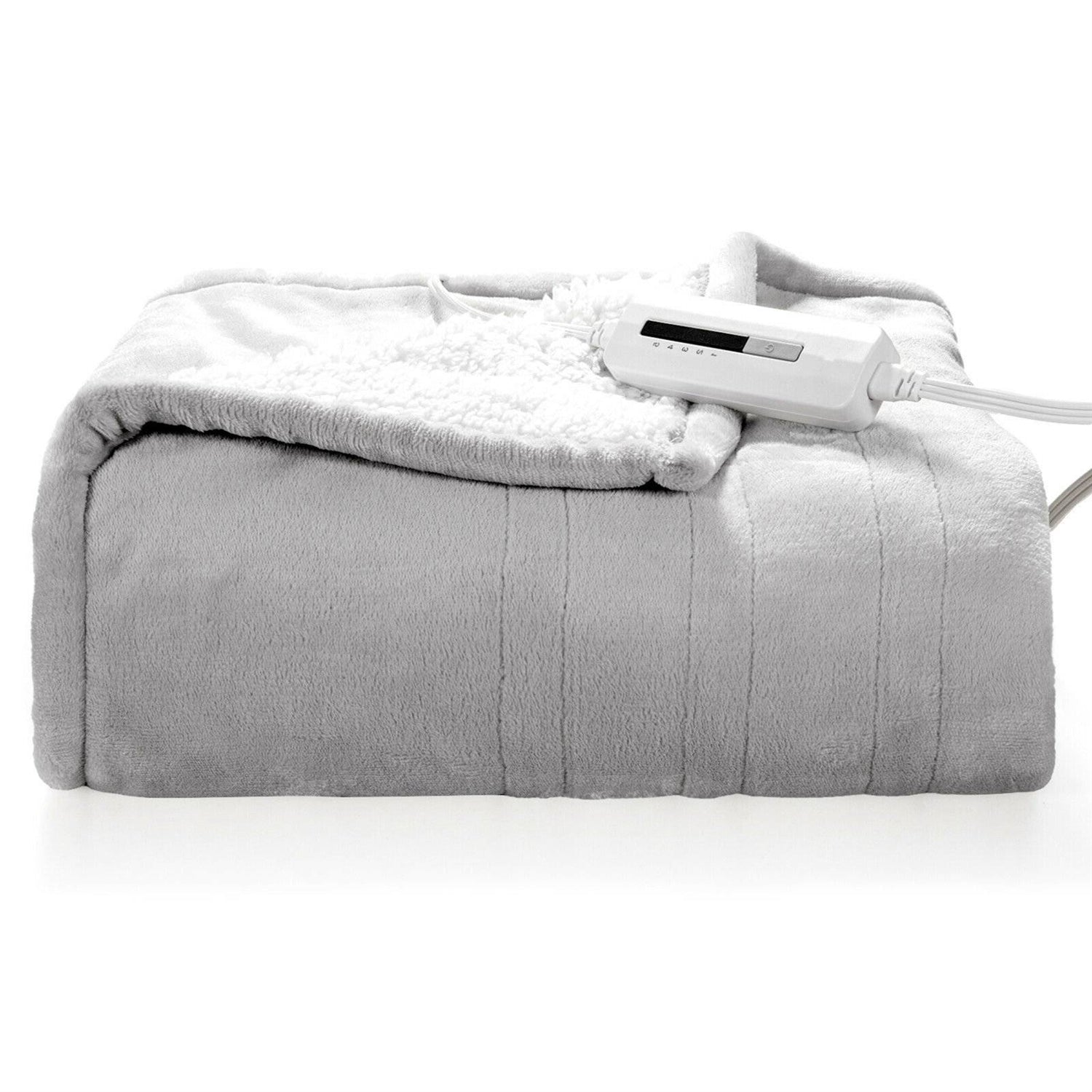 Heated Electric Sherpa Throw Blanket in Grey/White-0