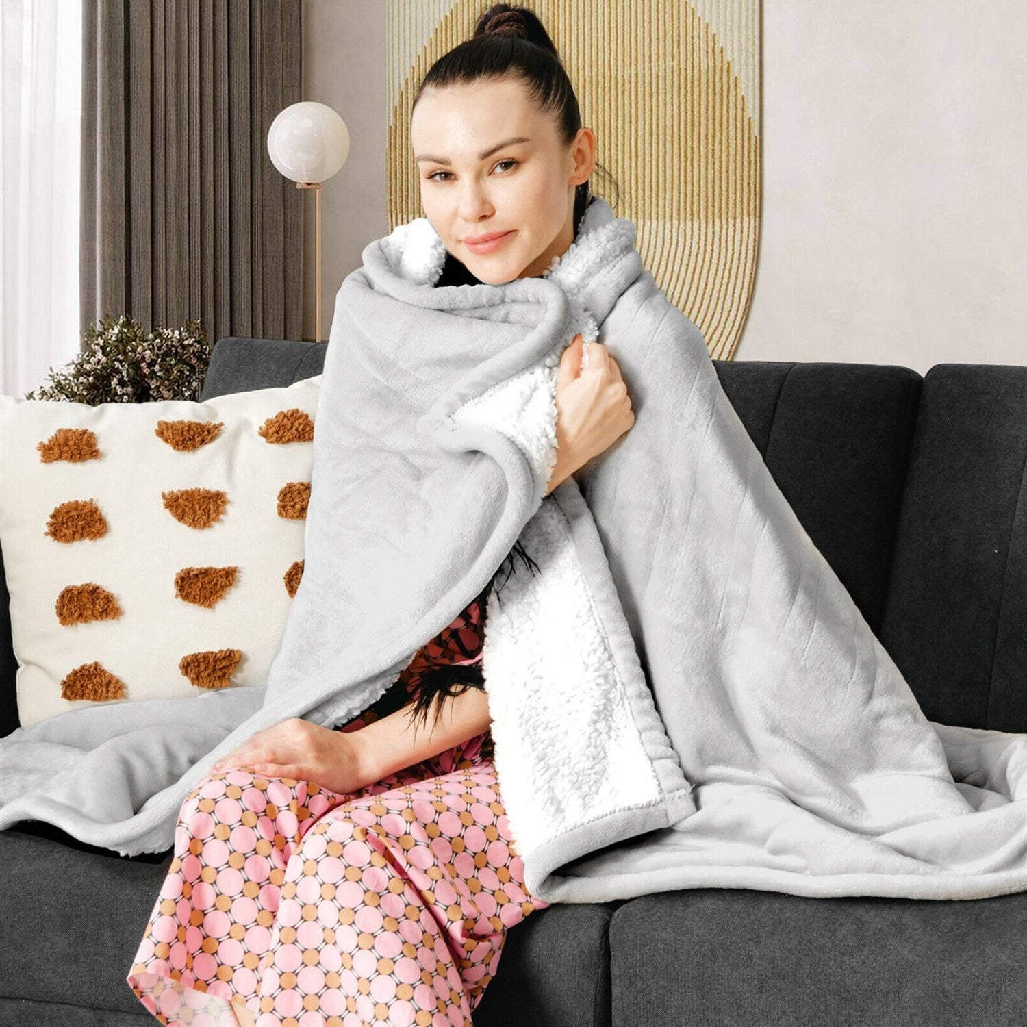 Heated Electric Sherpa Throw Blanket in Grey/White-1