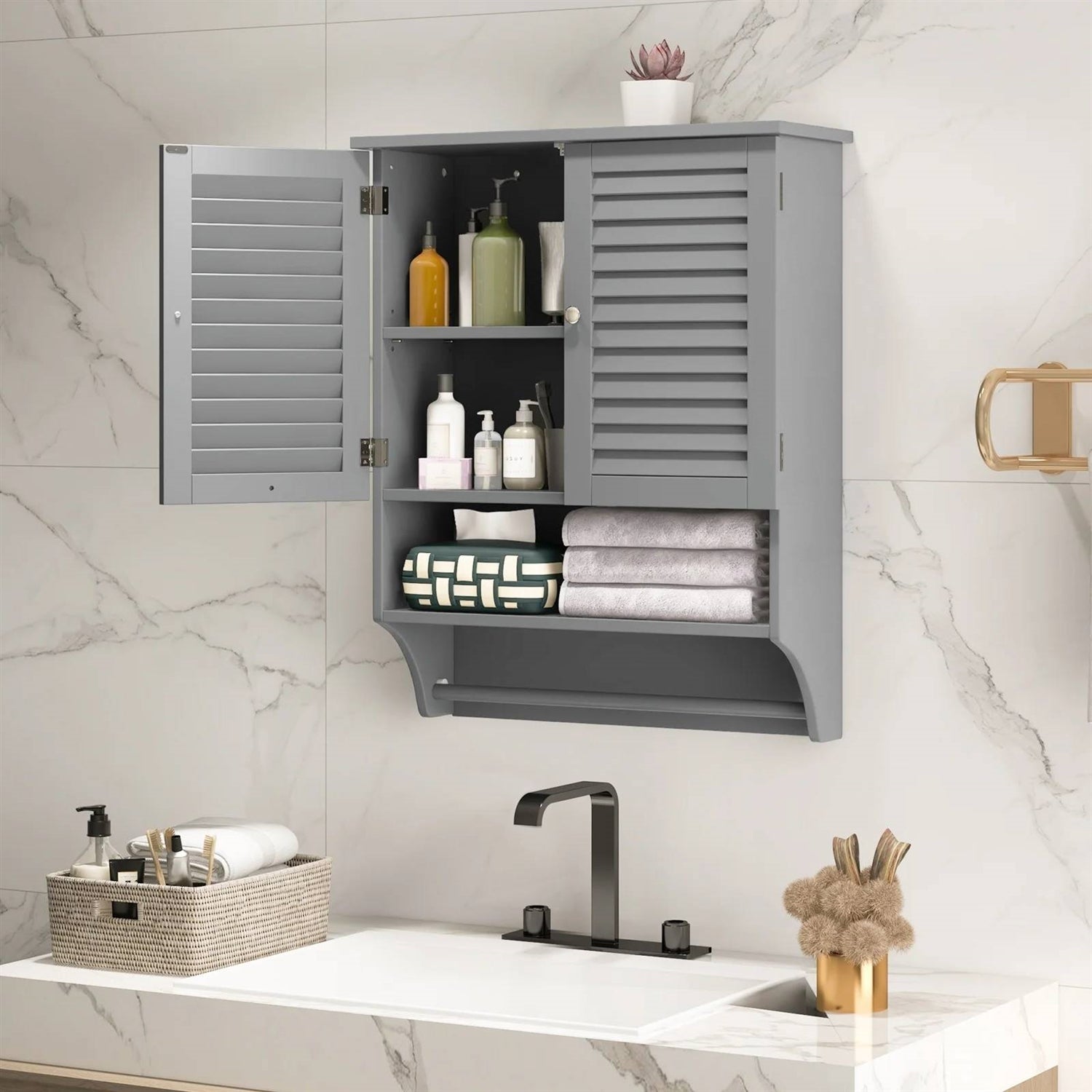 Grey Wall-Mounted Bathroom Medicine Cabinet with Louver Doors and Towel Bar