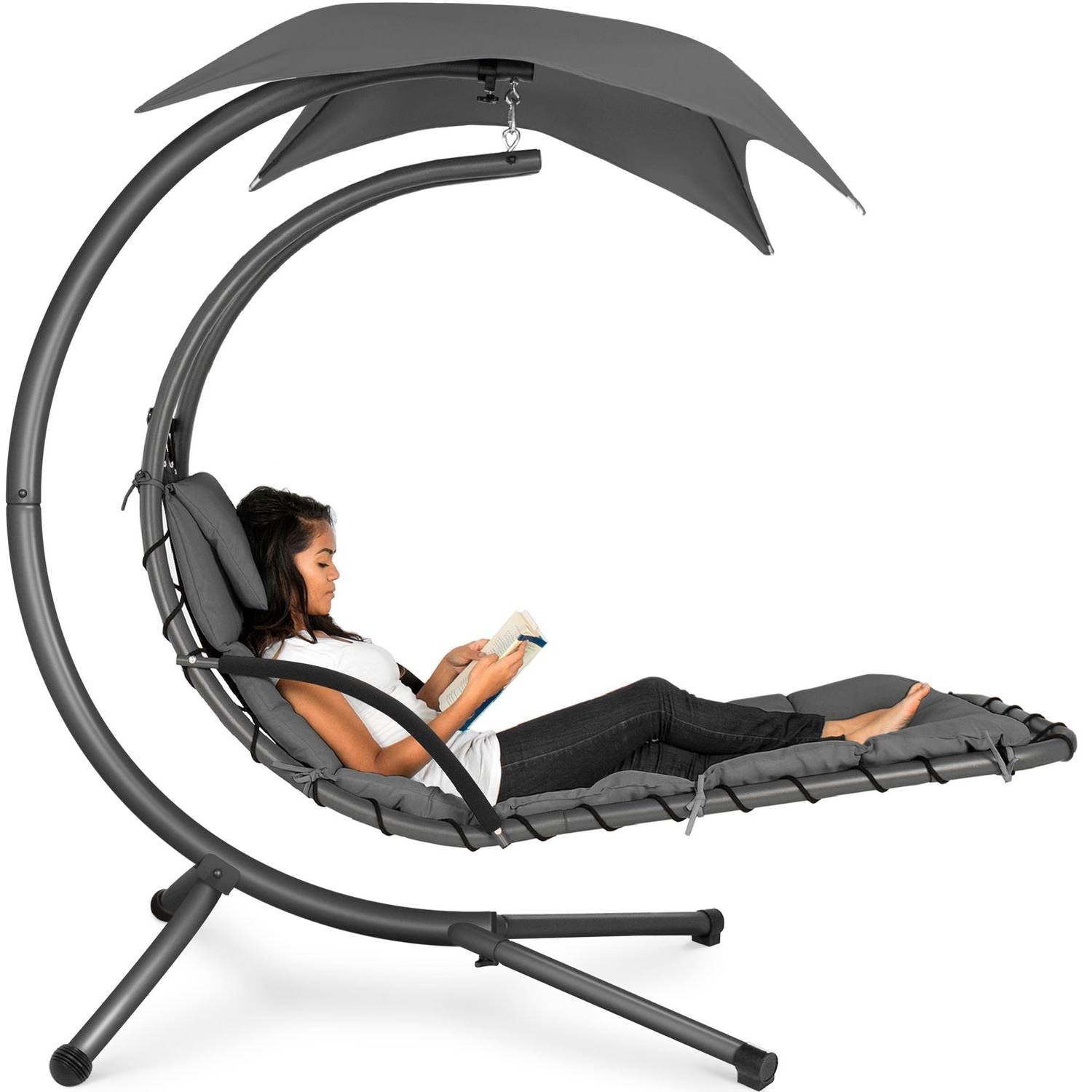 Grey Single Person Sturdy Modern Chaise Lounger Hammock Chair Porch Swing-1