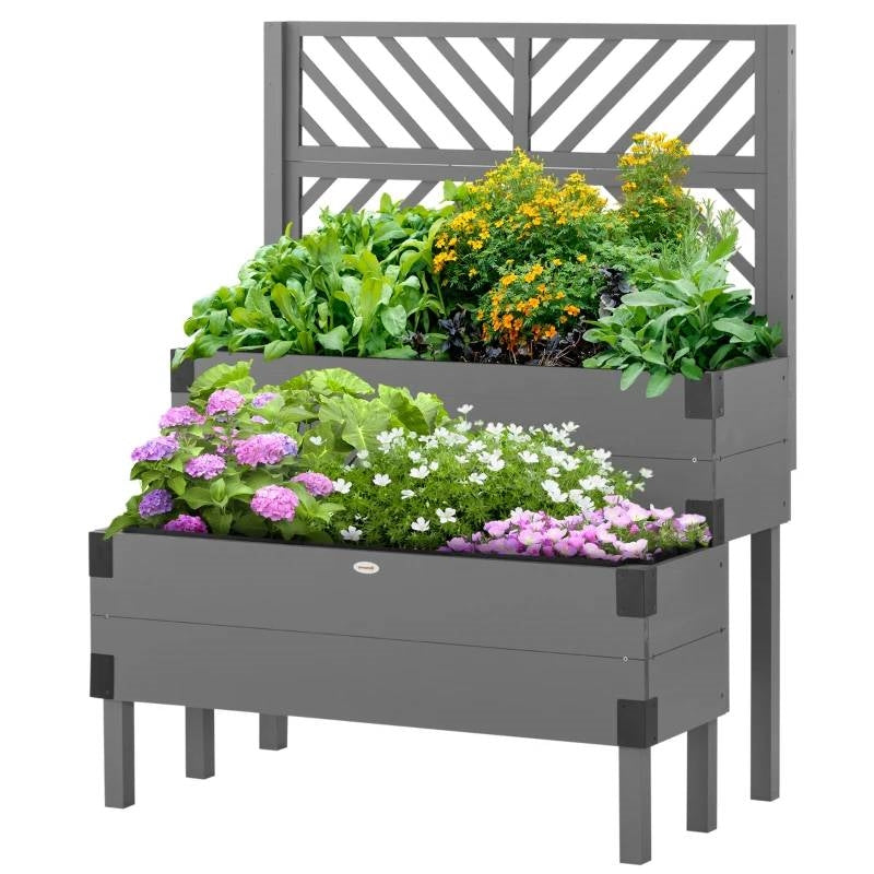 2 Tier Self Draining Grey Wood Raised Garden Bed Planter Box with Trellis-0