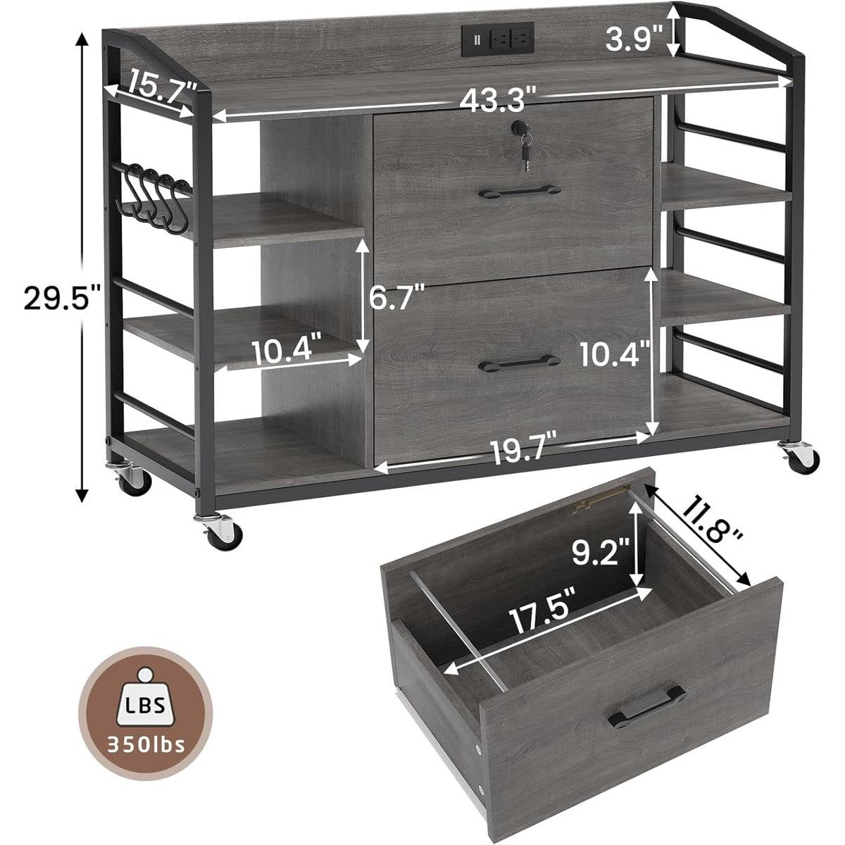 Grey Printer Stand Bookcase Power Station Mobile Office File Cabinet