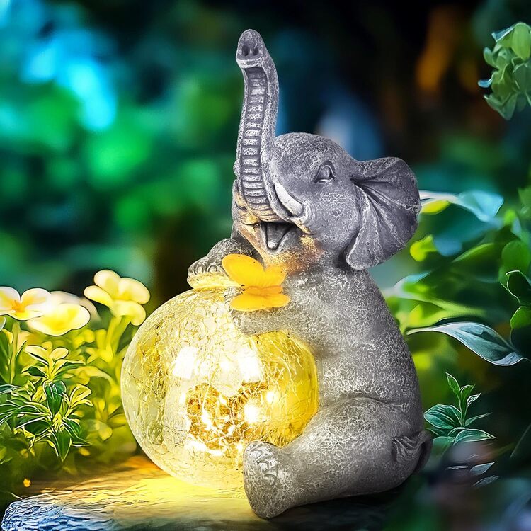 Gigalumi Outdoor Solar Elephant Garden Statue Decor with Glass Globe Light(1 Pack)-0