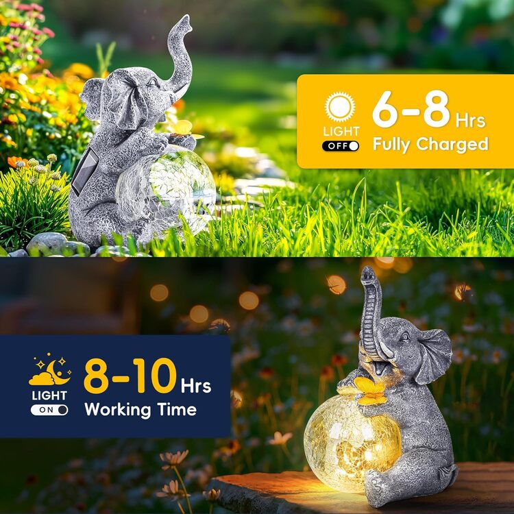 Gigalumi Outdoor Solar Elephant Garden Statue Decor with Glass Globe Light(1 Pack)-3