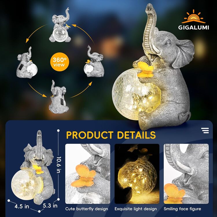 Gigalumi Outdoor Solar Elephant Garden Statue Decor with Glass Globe Light(1 Pack)-4
