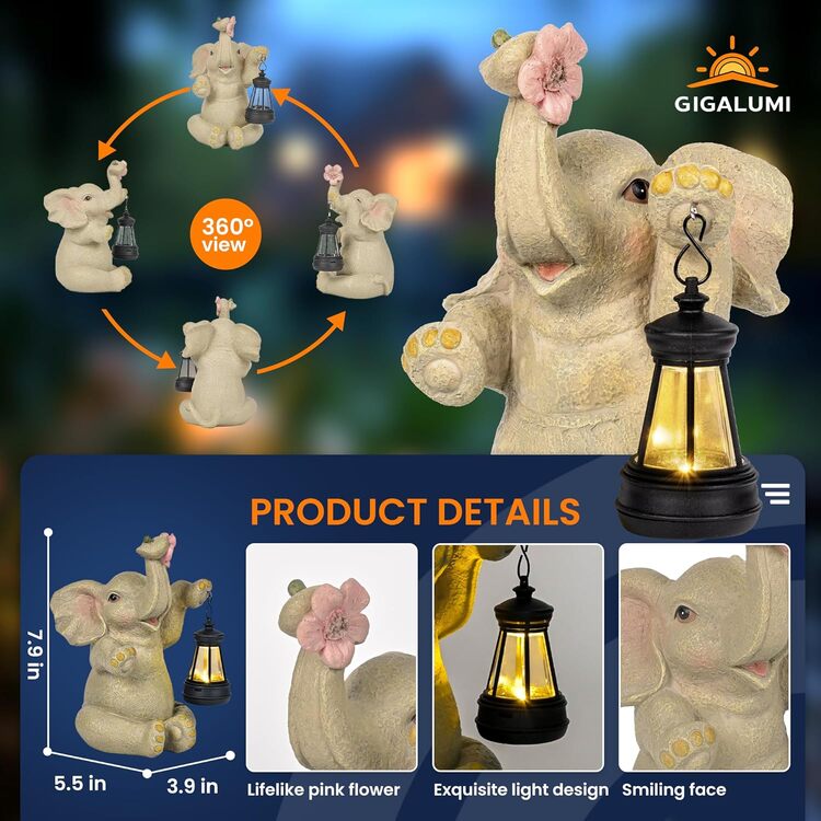 Gigalumi Solar Elephant Garden Statue with Lantern for Patio, Balcony(1 Pack)-2