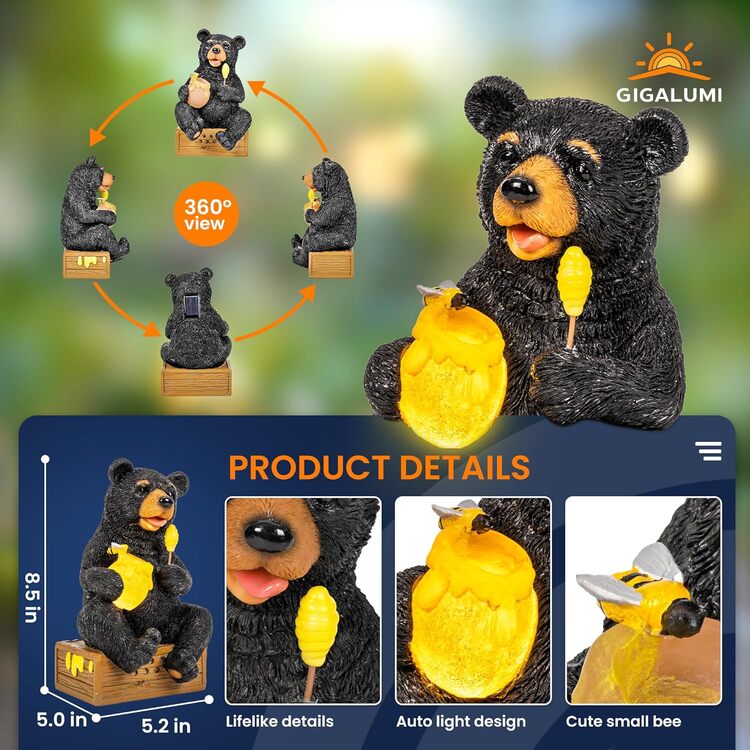 Gigalumi Solar Bear Garden Statue Decor Lights Gift for Mom, Grandma(1 Pack)-4
