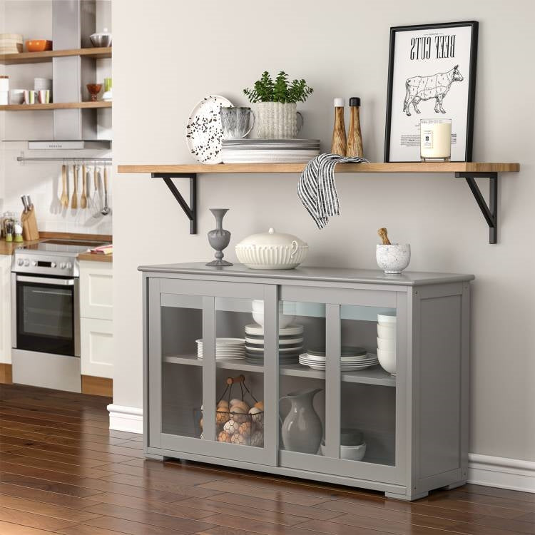 Grey Wood Buffet Kitchen Dining Sideboard Storage Cabinet w/ Glass Sliding Door-0