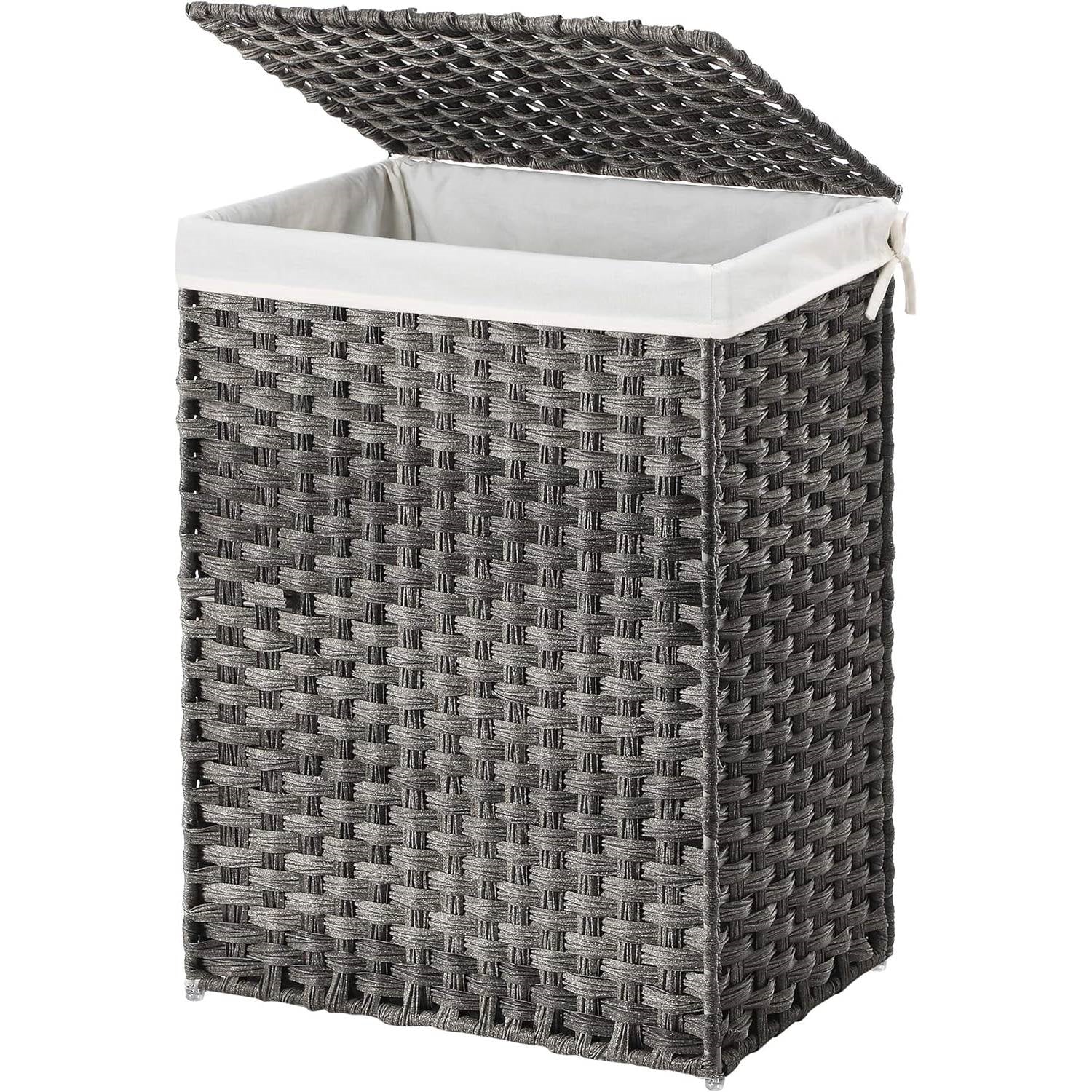 Grey Rattan Plastic Laundry Hamper Basket w/ Lid and Removable Cotton Liner Bag-0