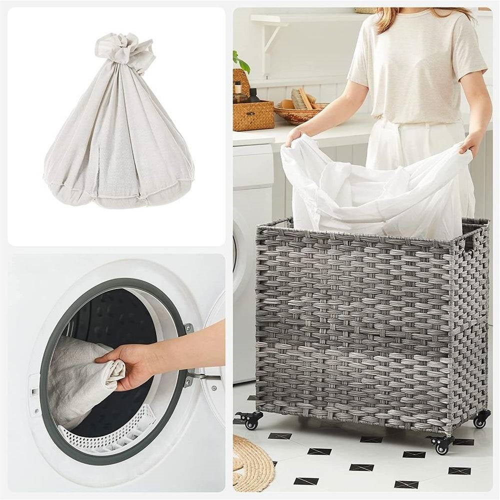 Handwoven Grey PP Rattan 3-Bag Laundry Basket Cart with Cotton Liner on Wheels-2