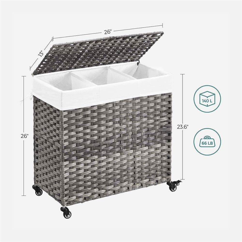 Handwoven Grey PP Rattan 3-Bag Laundry Basket Cart with Cotton Liner on Wheels-4