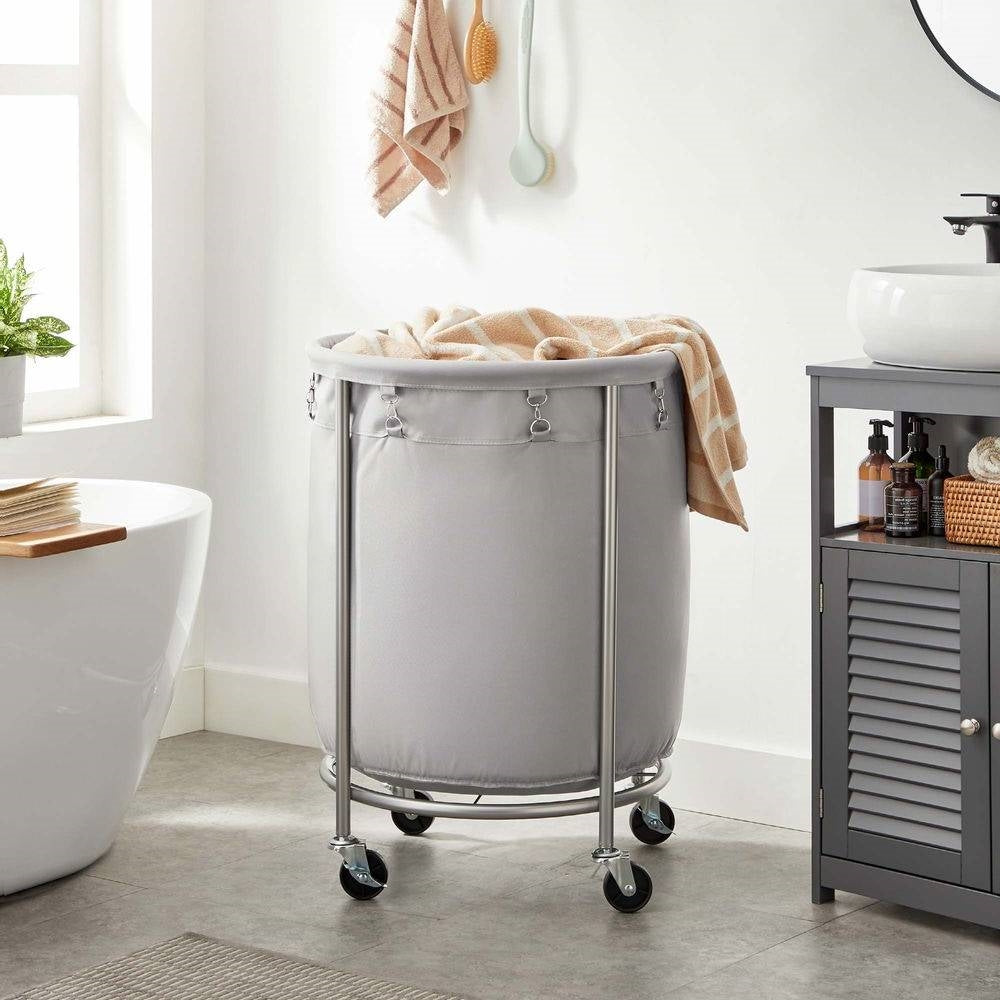 Round 45-Gallon Laundry Basket Hamper with Grey Fabric Bag Steel Frame on Wheels-1