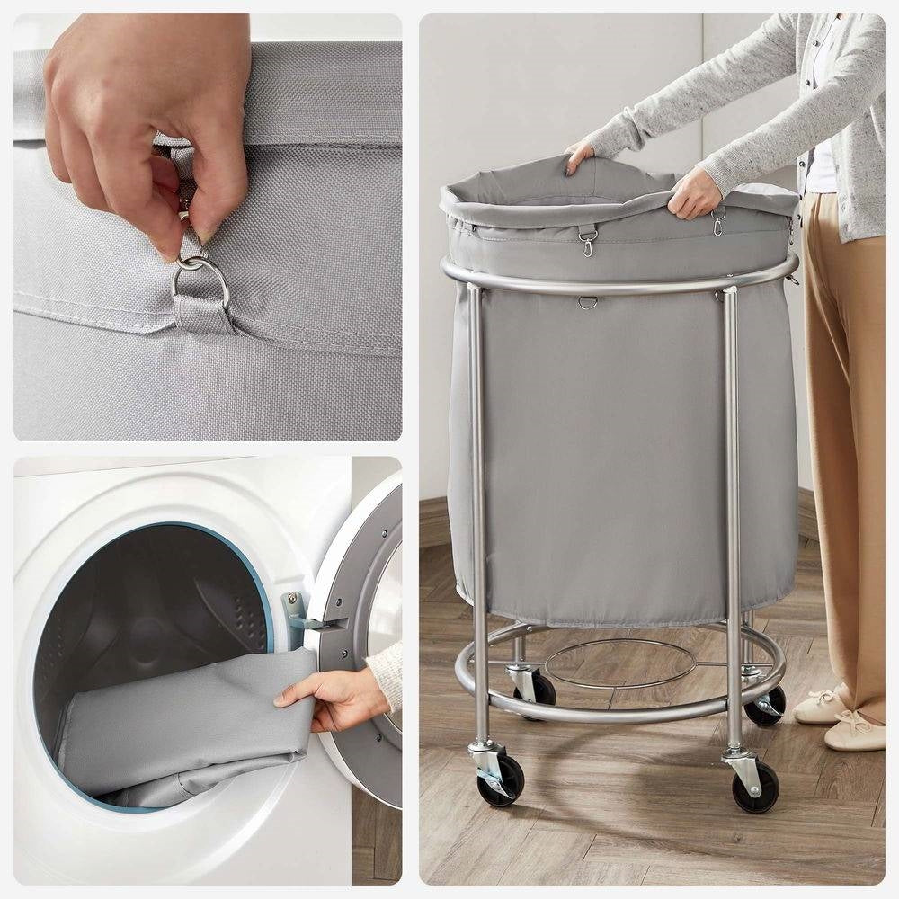 Round 45-Gallon Laundry Basket Hamper with Grey Fabric Bag Steel Frame on Wheels-3