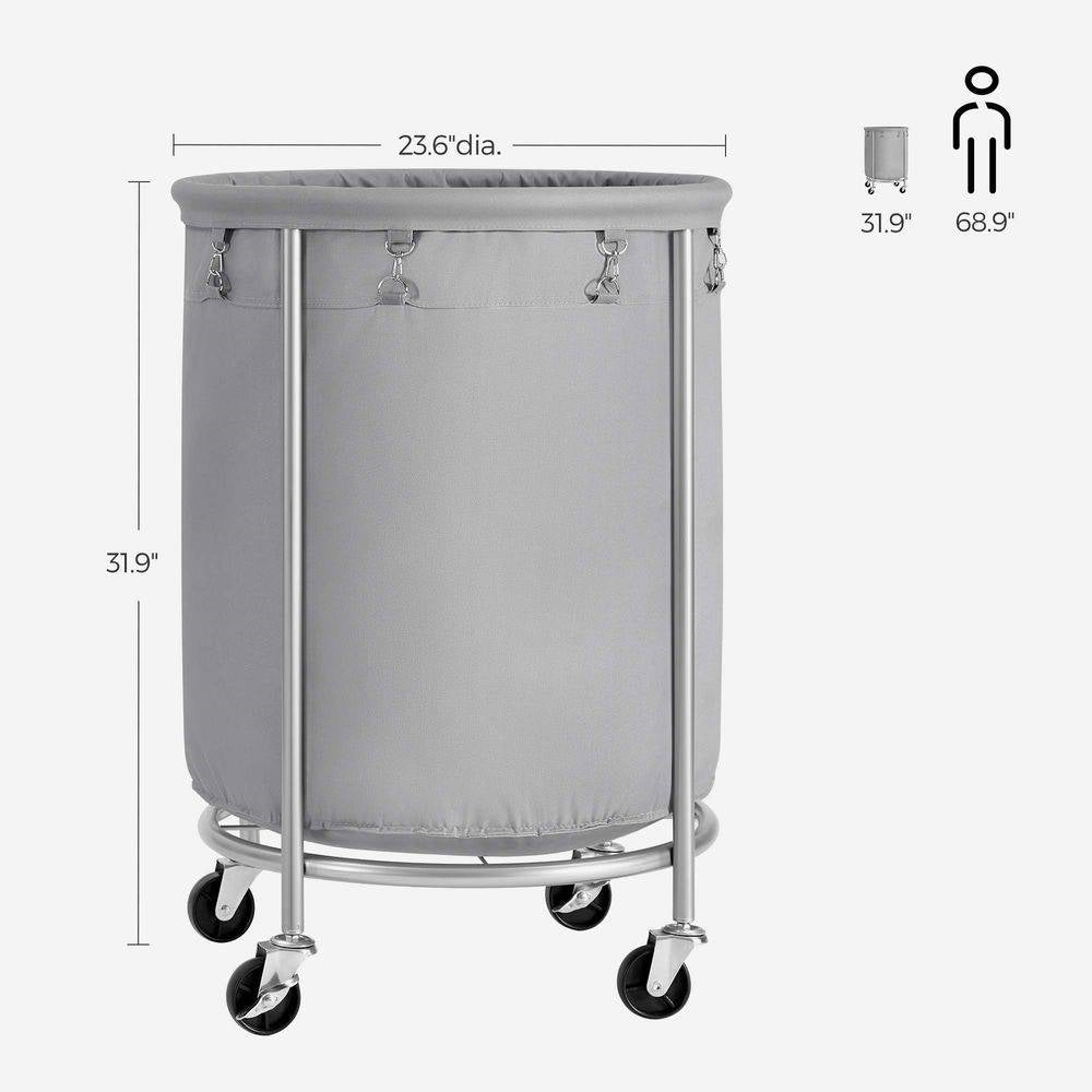 Round 45-Gallon Laundry Basket Hamper with Grey Fabric Bag Steel Frame on Wheels-4