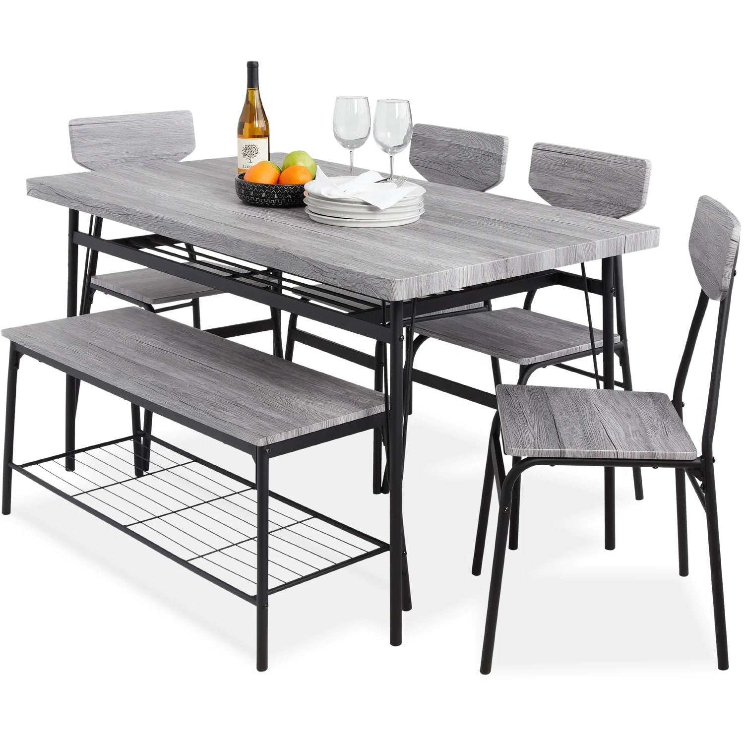 Modern 6-Piece Dining Set with Grey Wood Top Table 4 Chairs and Storage Bench-0