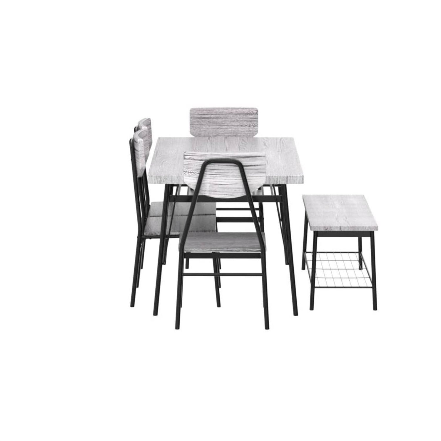 Modern 6-Piece Dining Set with Grey Wood Top Table 4 Chairs and Storage Bench-1