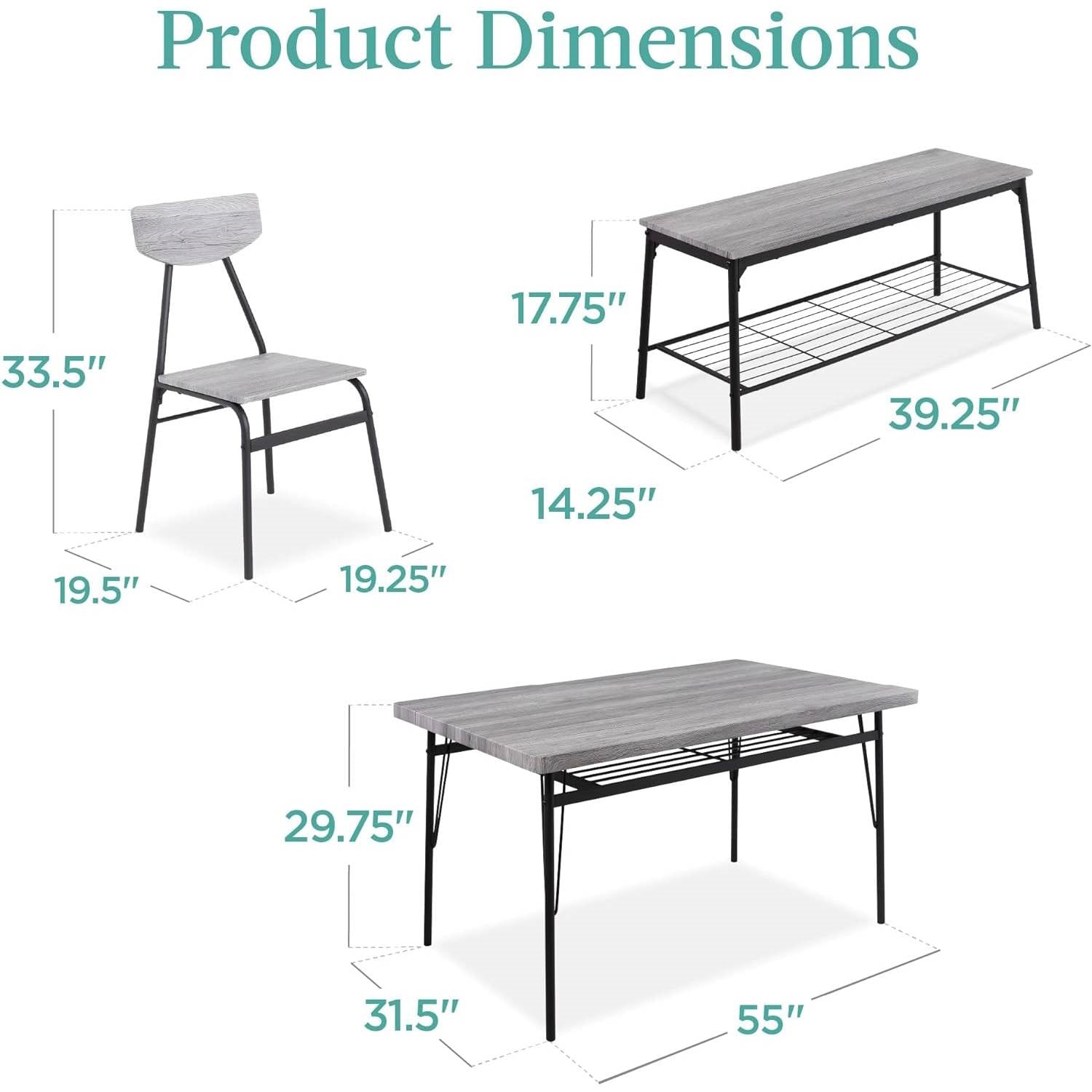 Modern 6-Piece Dining Set with Grey Wood Top Table 4 Chairs and Storage Bench-3