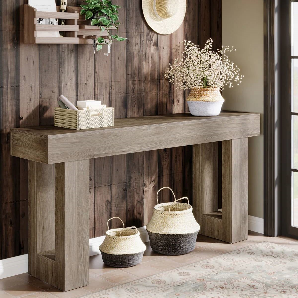 Modern Farmhouse 63-inch Entryway Console Sofa Table in Grey Wood Finish-3