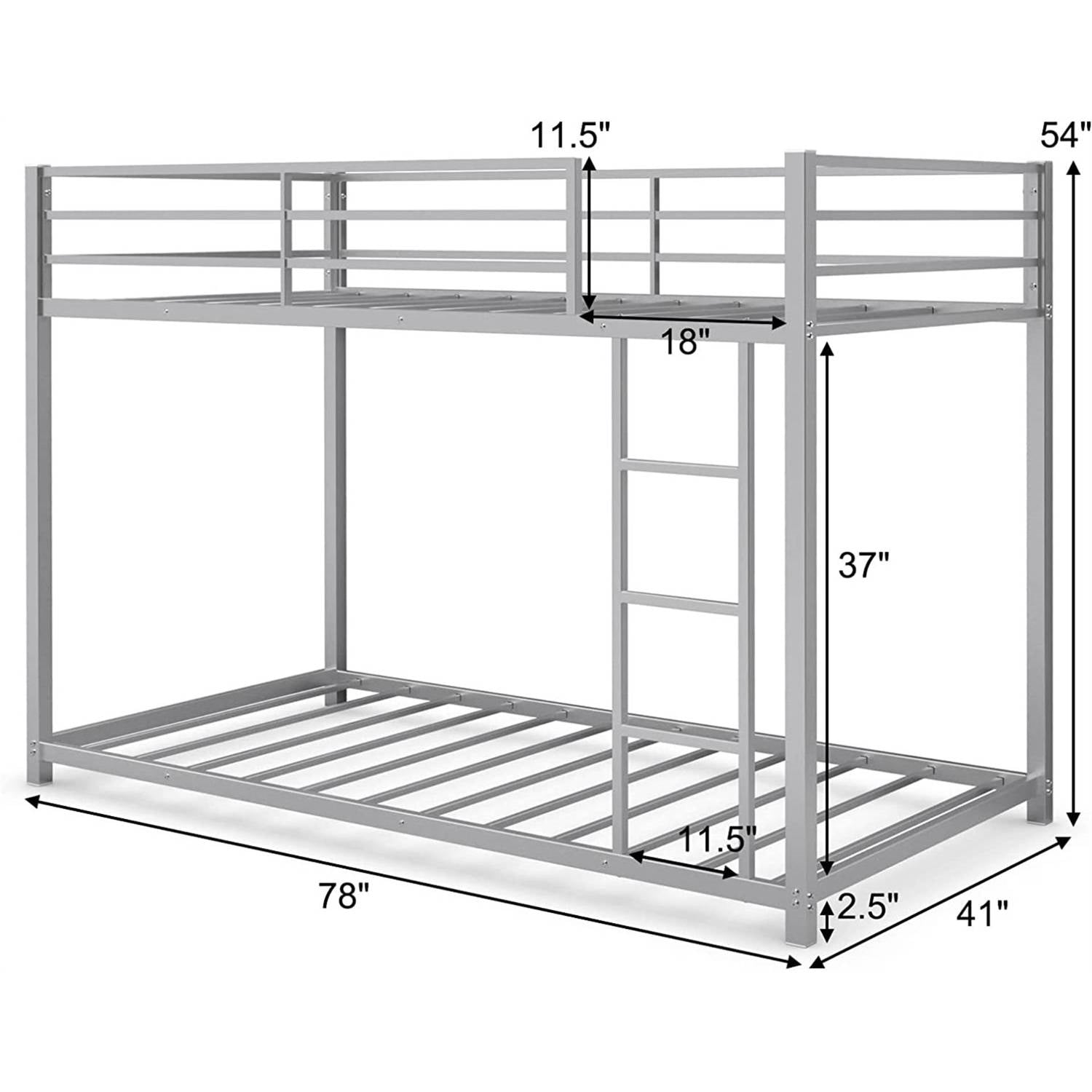 Twin over Twin Low Profile Modern Bunk Bed in Silver Metal Finish-4