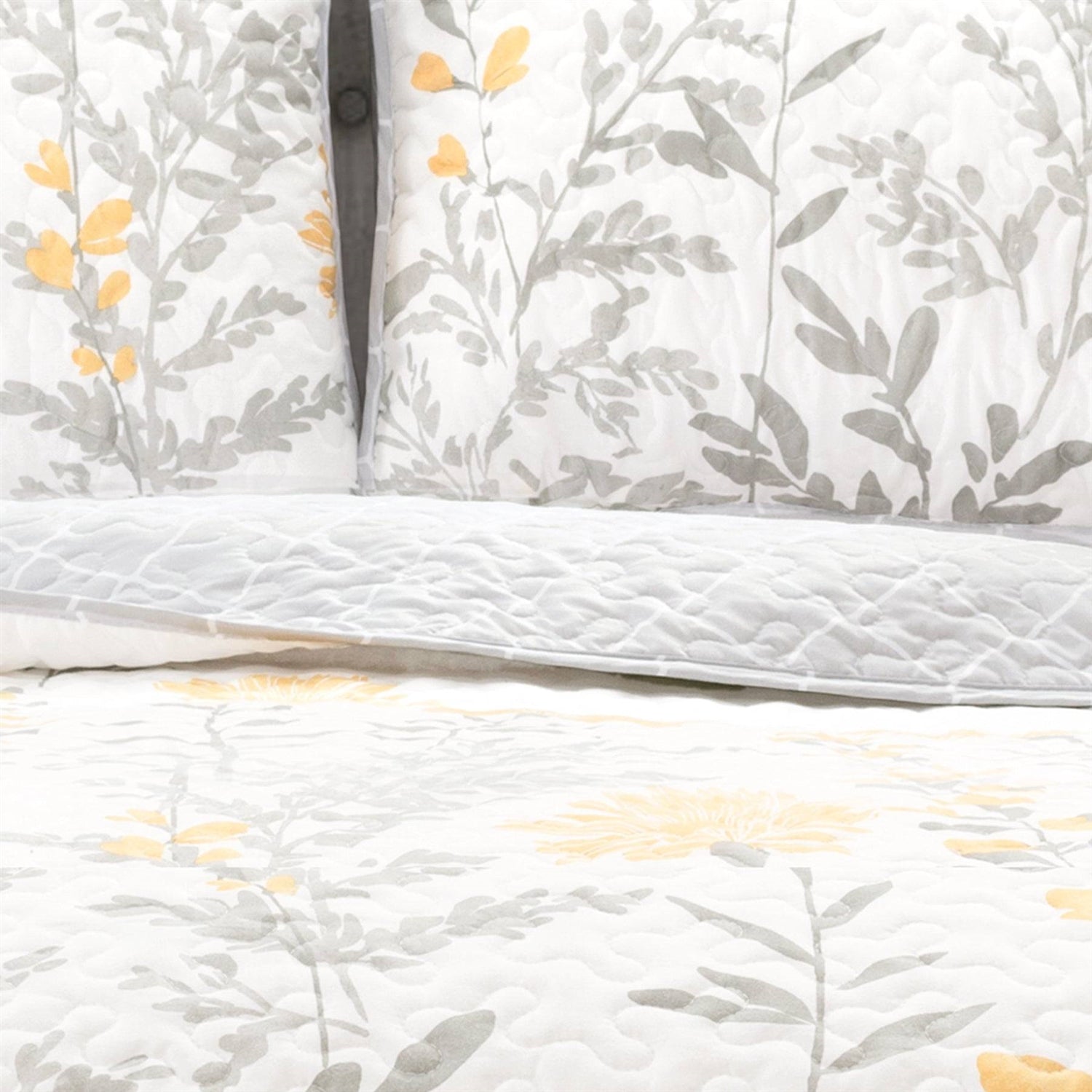 King size Yellow Grey Floral Light Thin Cotton Polyester Blend Quilt Set-2