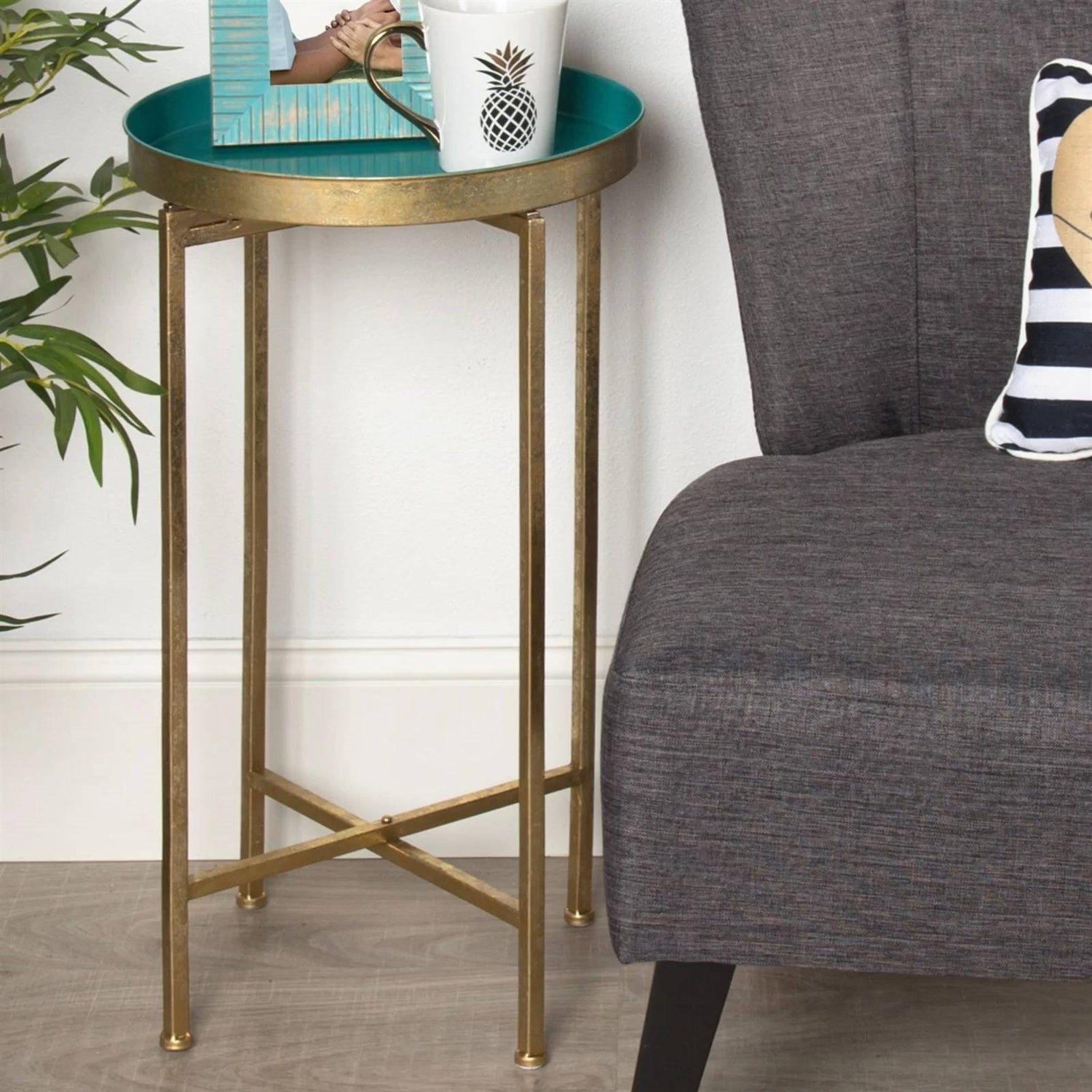 Gold Finish Metal Round End Table Nightstand with Removable Teal Tray Top-0