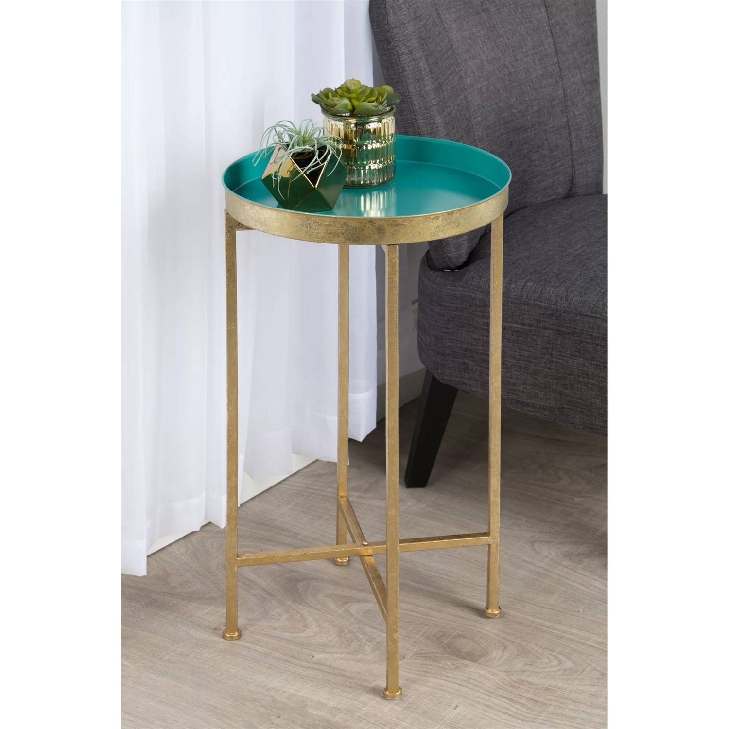 Gold Finish Metal Round End Table Nightstand with Removable Teal Tray Top-2