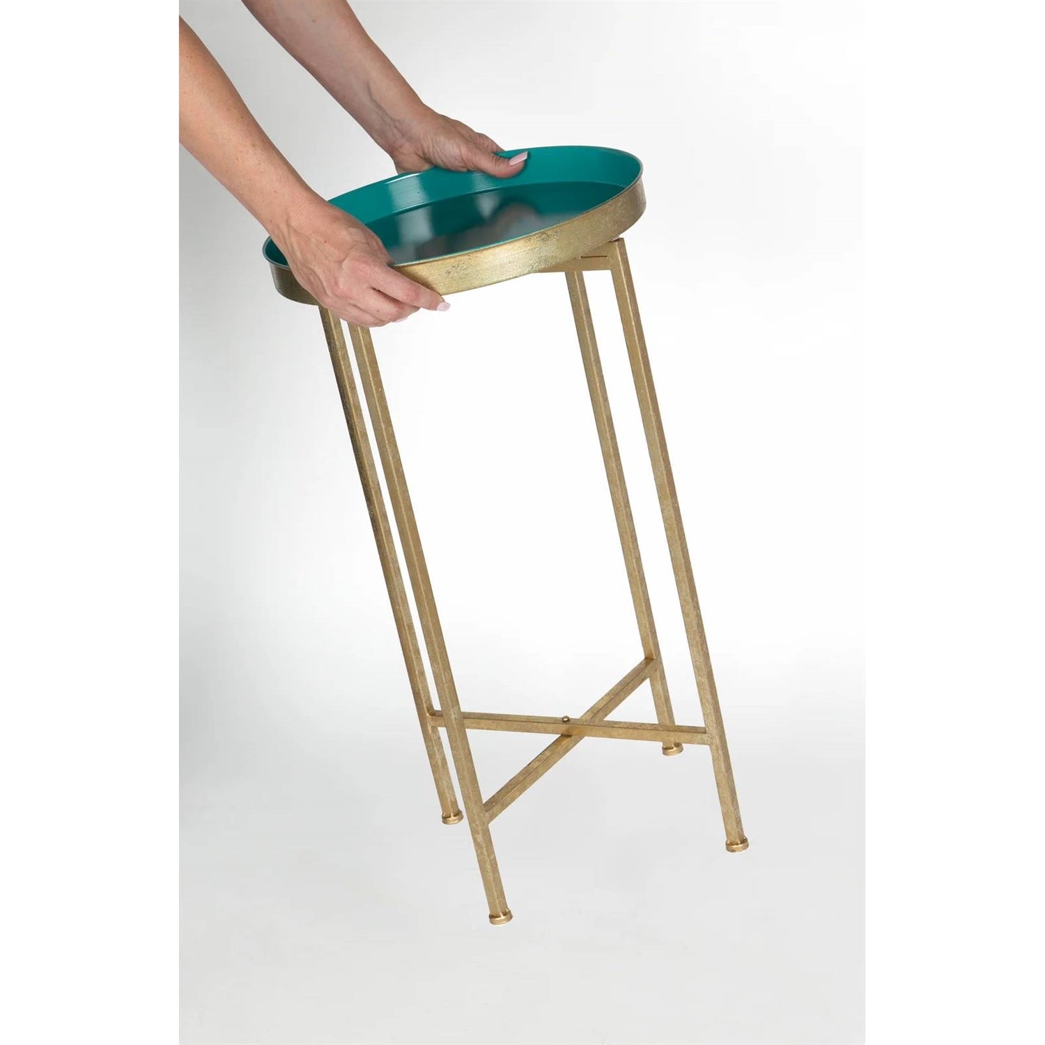 Gold Finish Metal Round End Table Nightstand with Removable Teal Tray Top-3