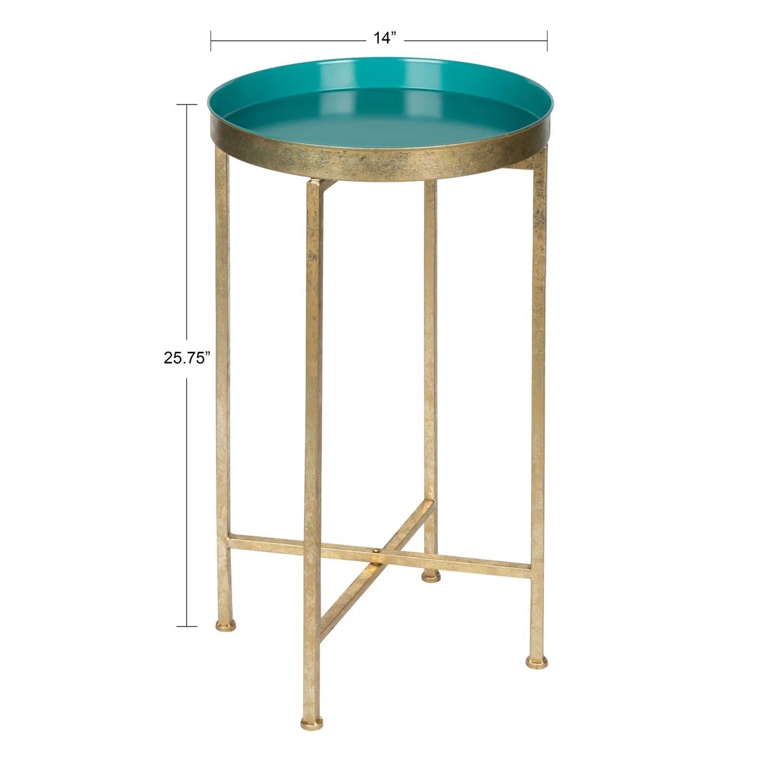 Gold Finish Metal Round End Table Nightstand with Removable Teal Tray Top-4