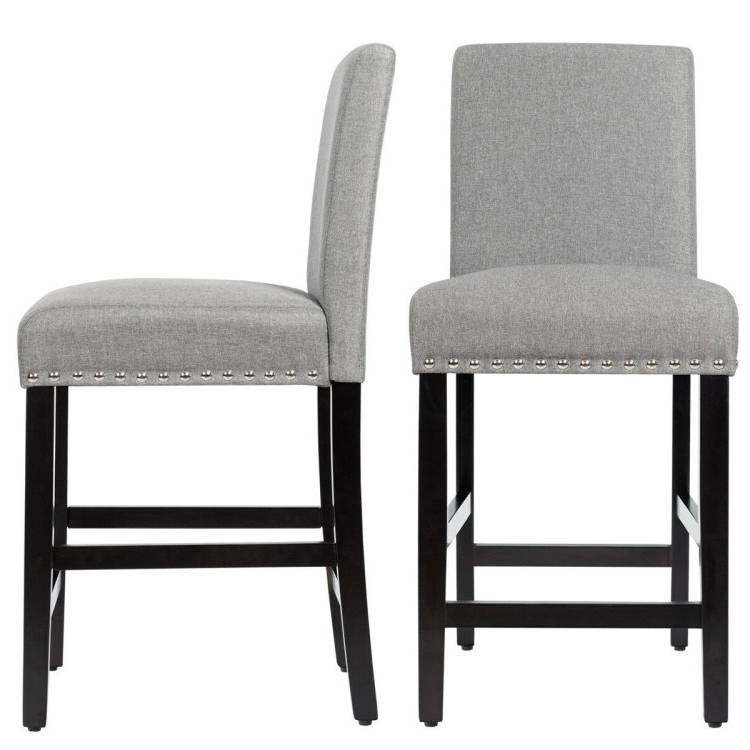 Set of 2 Modern Kitchen Dining Barstools w/ Black Wood Legs and Grey Linen Seat-0