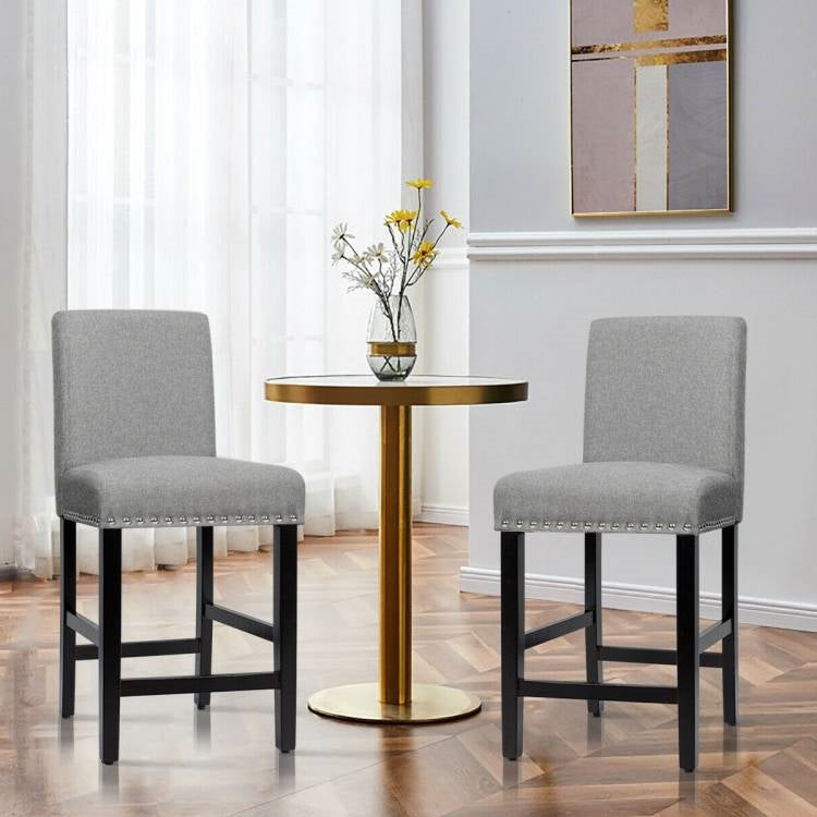 Set of 2 Modern Kitchen Dining Barstools w/ Black Wood Legs and Grey Linen Seat-1