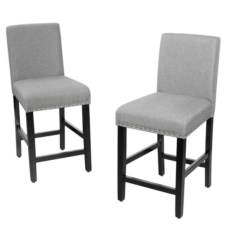 Set of 2 Modern Kitchen Dining Barstools w/ Black Wood Legs and Grey Linen Seat-2