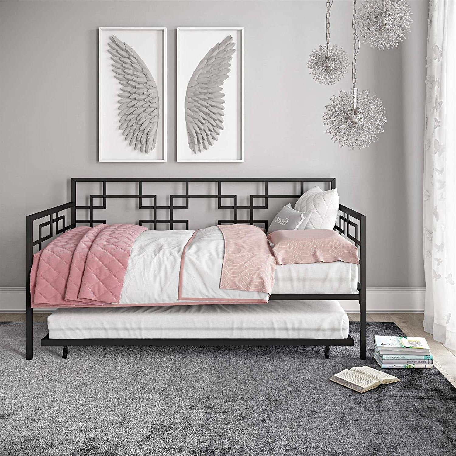 Black Metal Daybed Frame with Twin Pull-Out Trundle Bed-1