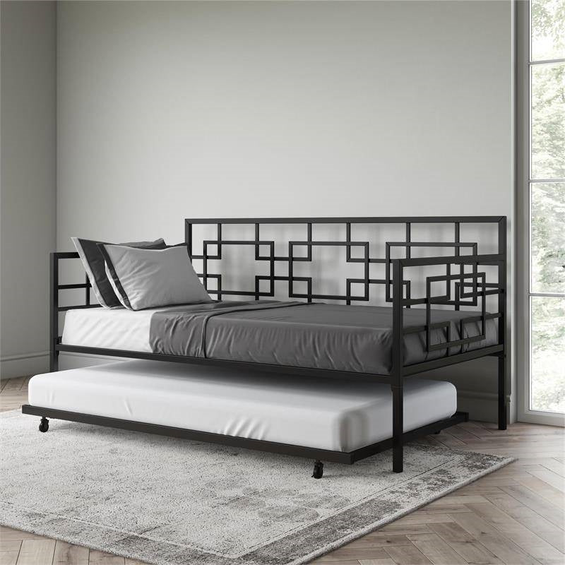 Black Metal Daybed Frame with Twin Pull-Out Trundle Bed-3