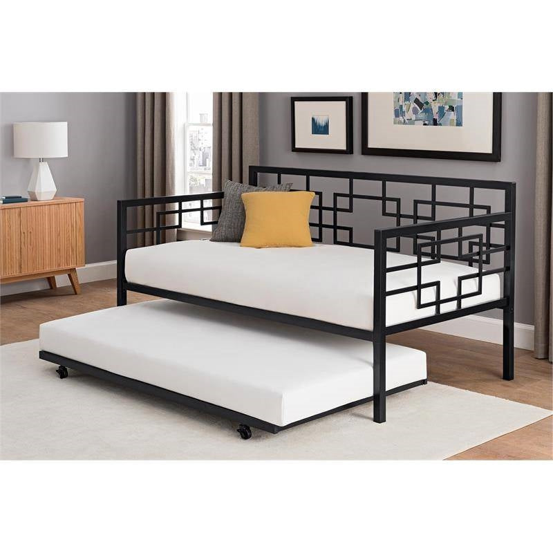 Black Metal Daybed Frame with Twin Pull-Out Trundle Bed-4