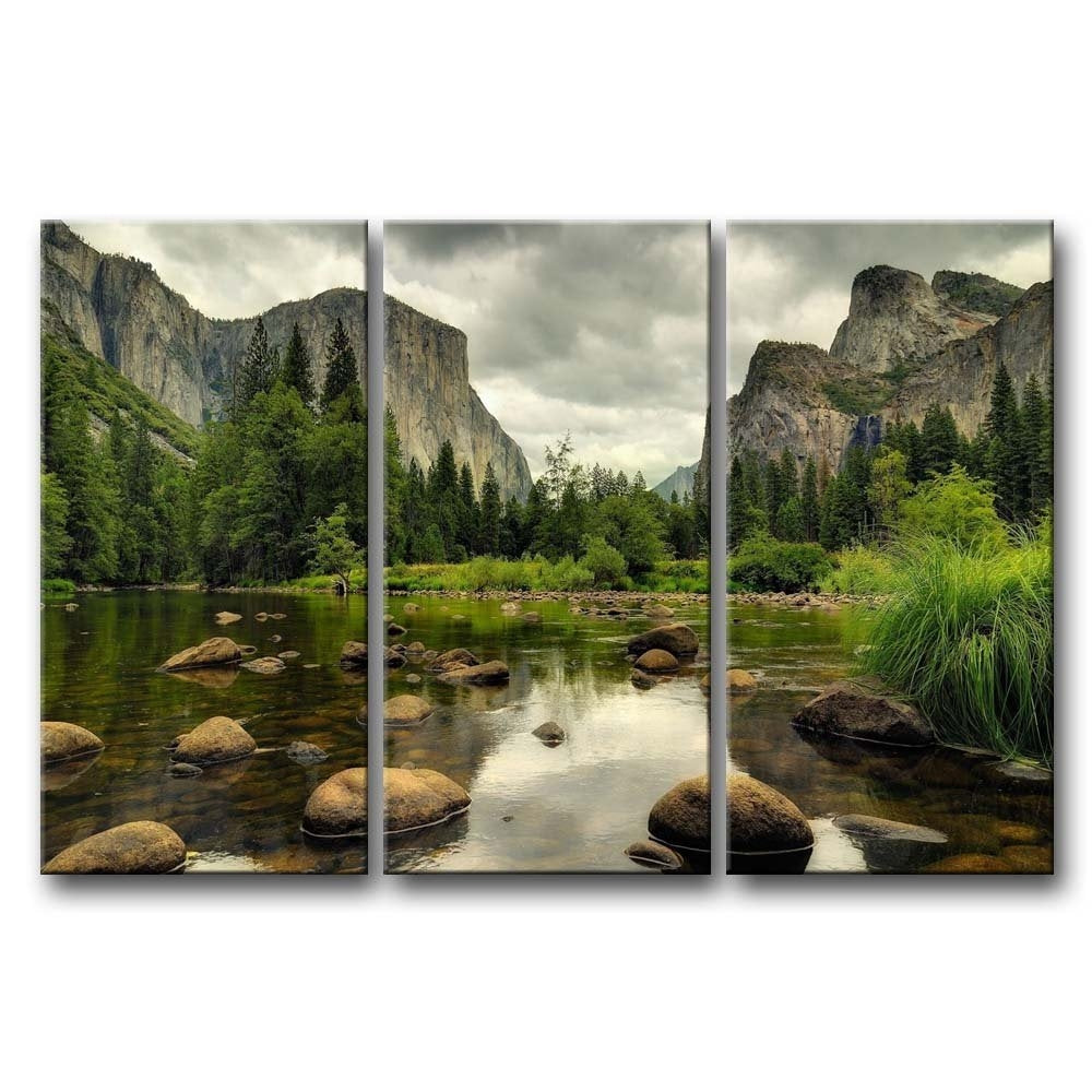 Yosemite Mountain Stream 3-Piece Wall Art Framed Print on Canvas-0