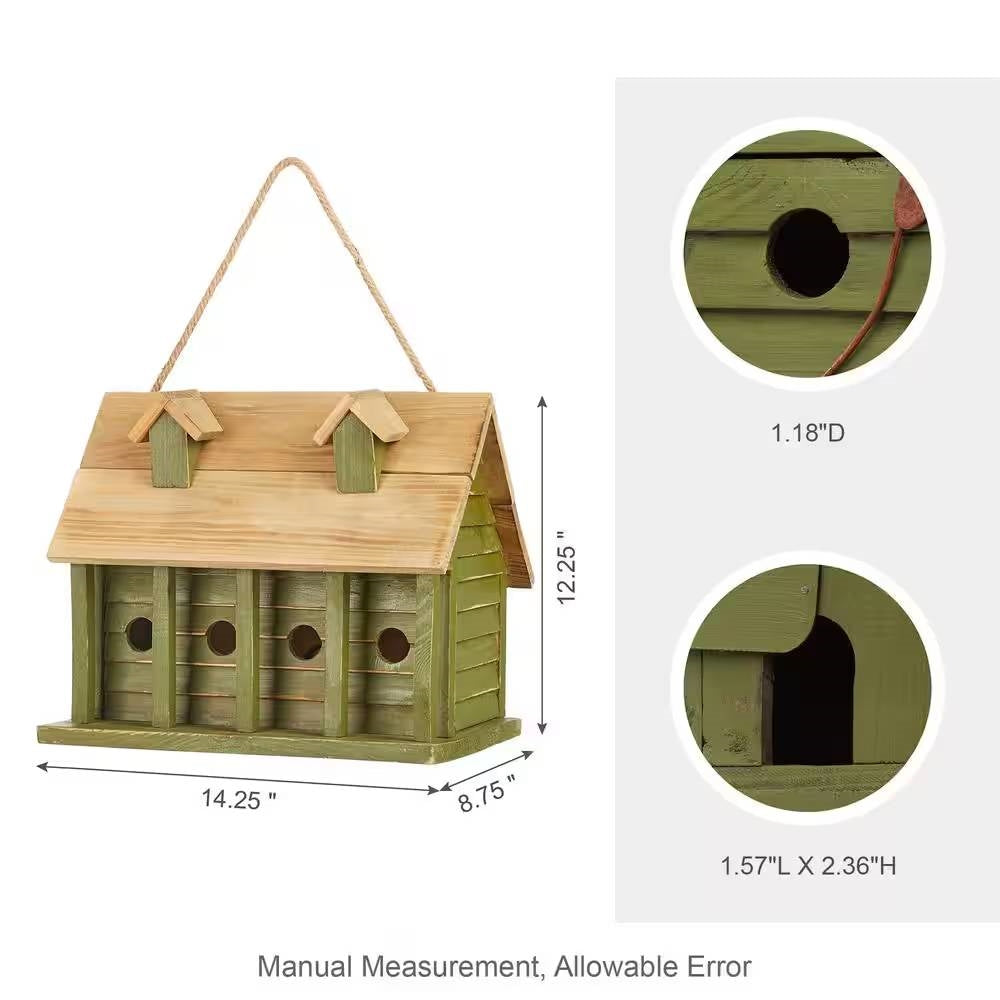 Green Wood Garden Bird House with 1 Compartment and 4 Holes-4