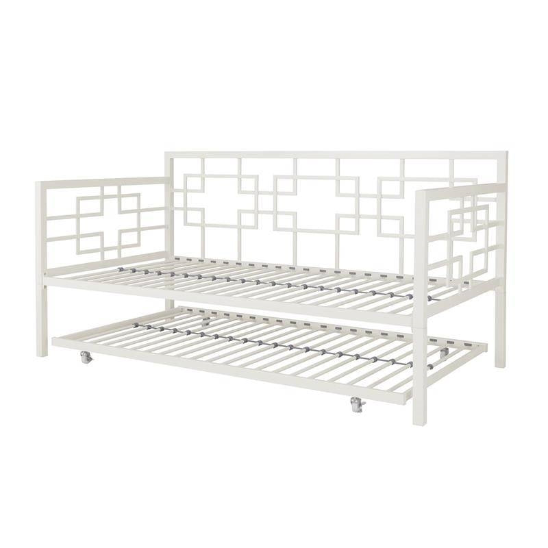 Contemporary White Metal Daybed Frame with Twin Pull-Out Trundle Bed-1