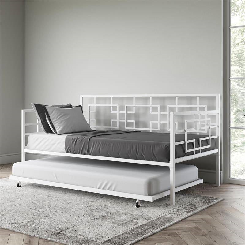 Contemporary White Metal Daybed Frame with Twin Pull-Out Trundle Bed-2