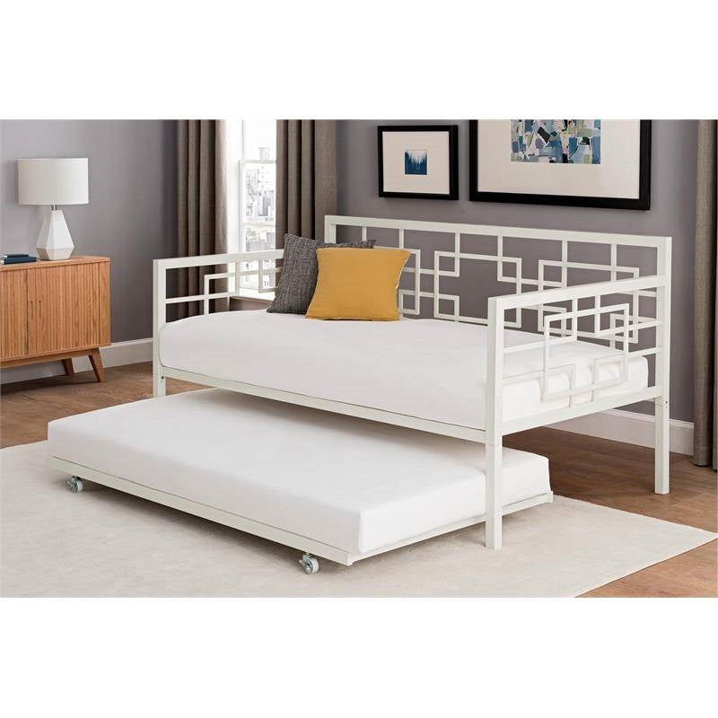 Contemporary White Metal Daybed Frame with Twin Pull-Out Trundle Bed-3