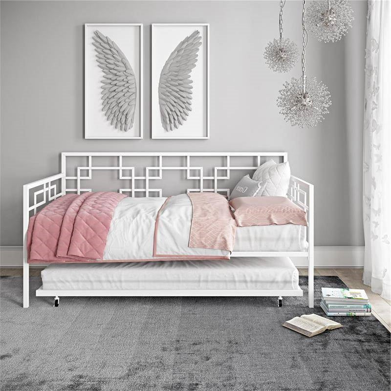 Contemporary White Metal Daybed Frame with Twin Pull-Out Trundle Bed-4